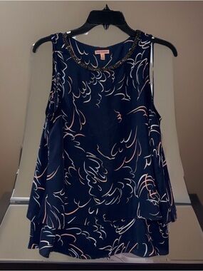Juicy Couture Women’sNavy Layered Tank w/Beaded Neckline & Pink-White Print-M-EC